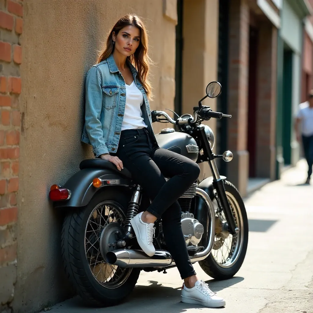 Casual Daytime Portrait: Woman Resting on a Motorcycle