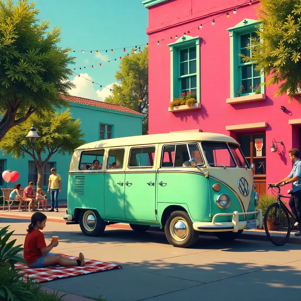 Retro Van by a Pink Building, Outdoor Joy