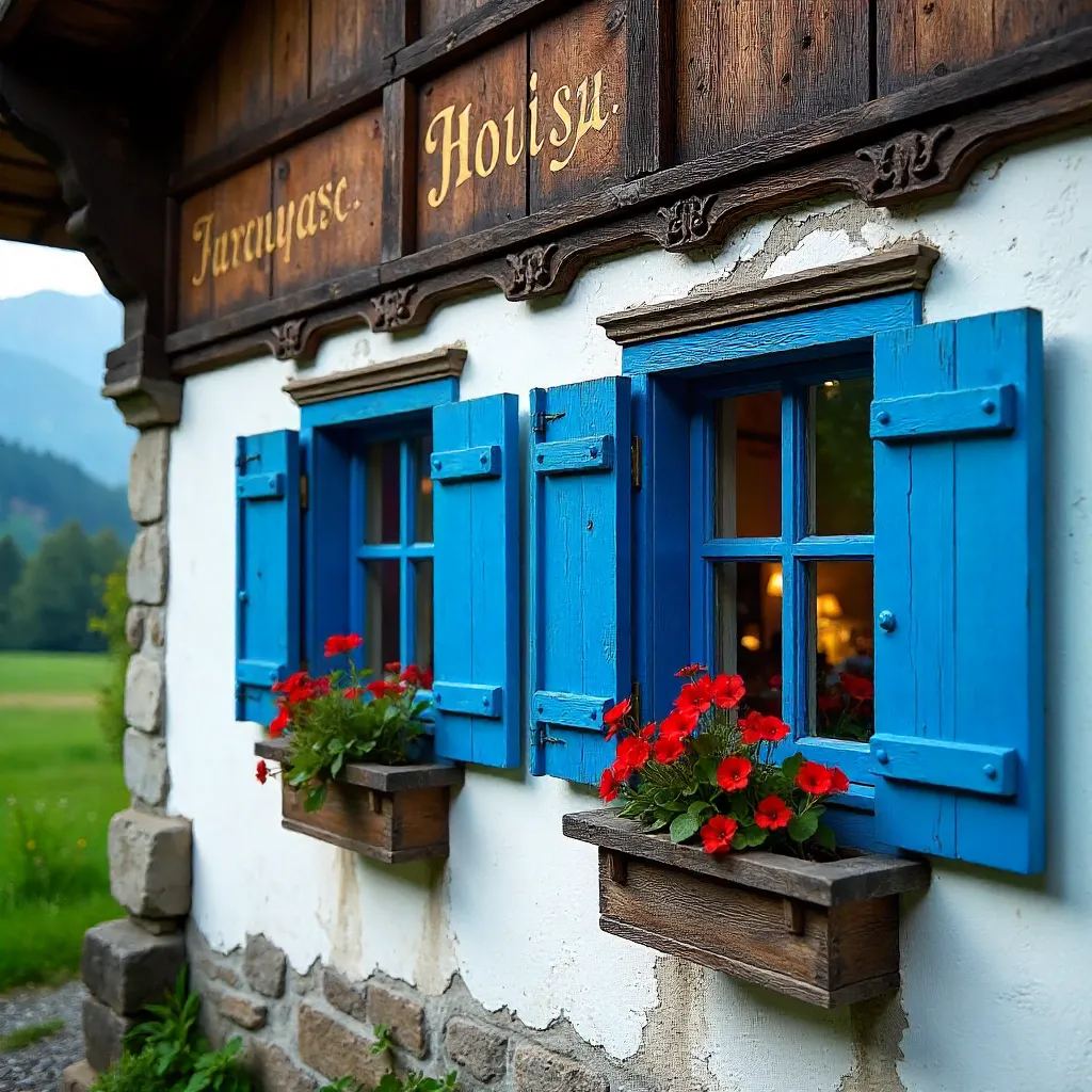 Blue-Framed Swiss Facade with Decorative Text