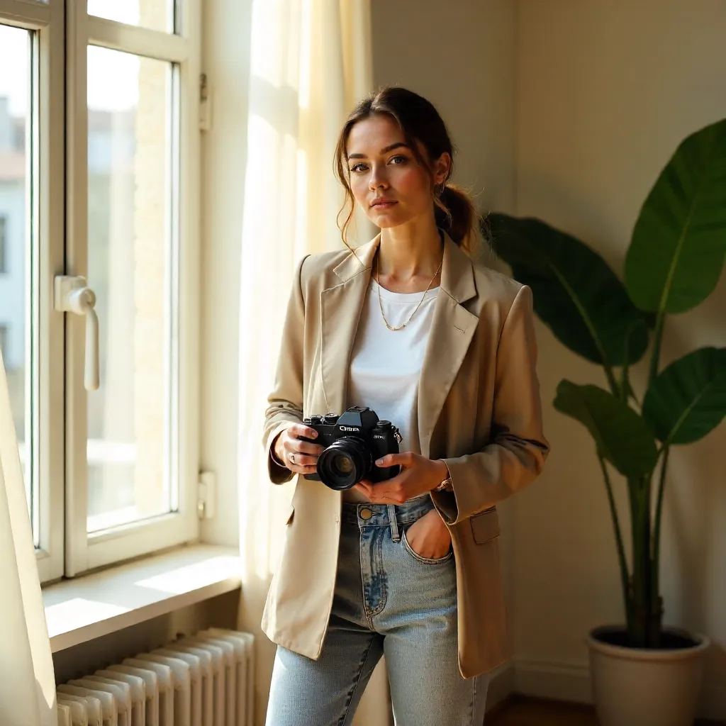 Studio Window Portrait: Stylish Photographer in Natural Light