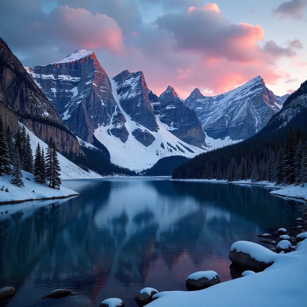 Banff Twilight: Snow-Capped Peaks under Alpenglow