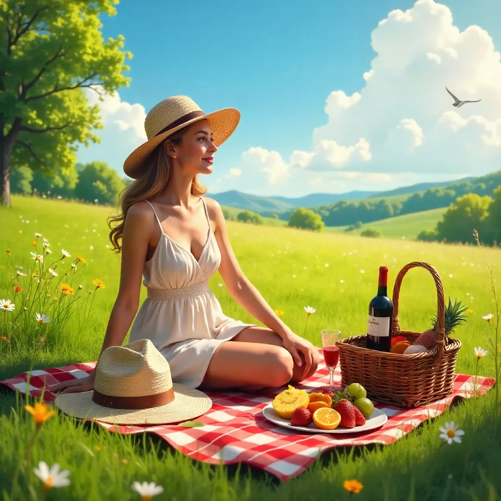 Serene Picnic in Sunlit Meadow with Wine and Fruit