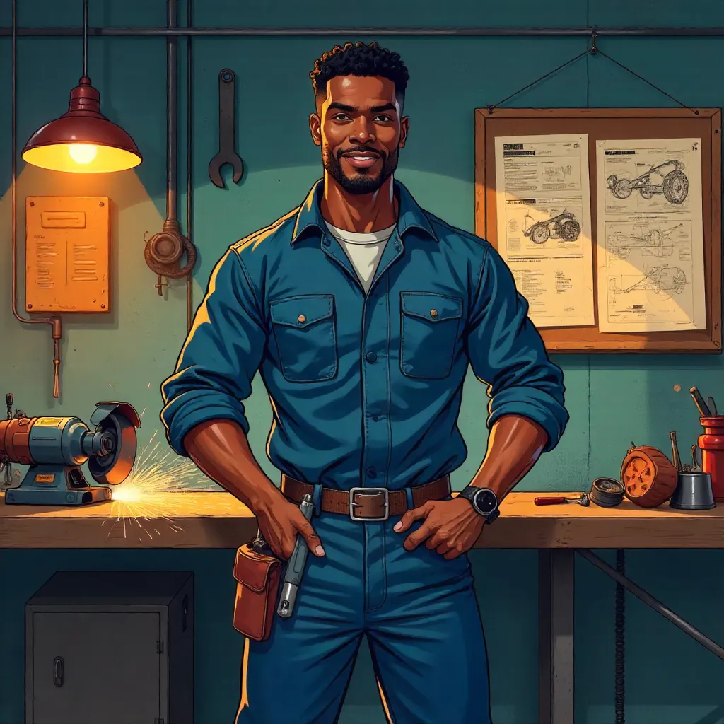 Confident Anime Black Man in a Workshop