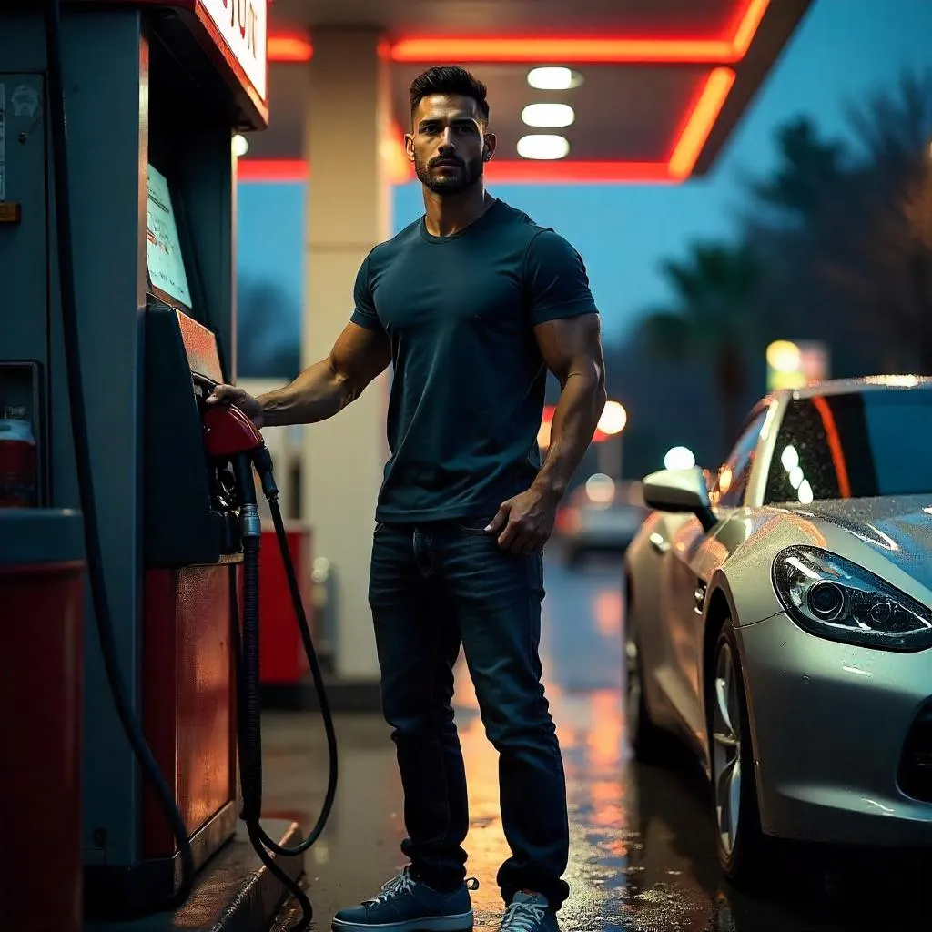 Athletic Latino Man at a Neon Gas Station