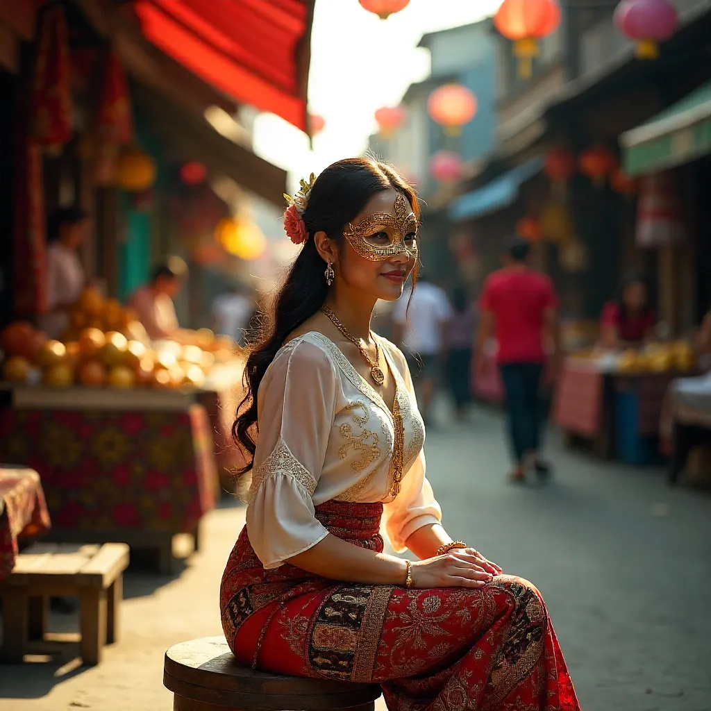 Topeng Masked Woman in a Vibrant Indonesian Street Market