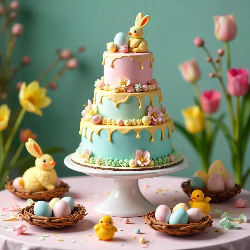 Whimsical Easter Eggs and Cake Display