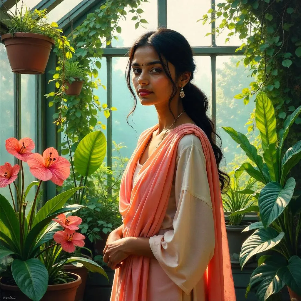 Young Indian Woman in a Greenhouse Oil Portrait