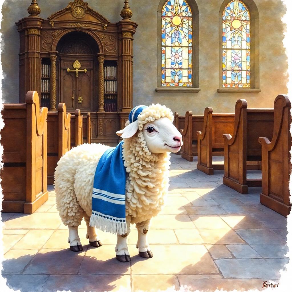 Watercolor Sheep in a Quiet Synagogue