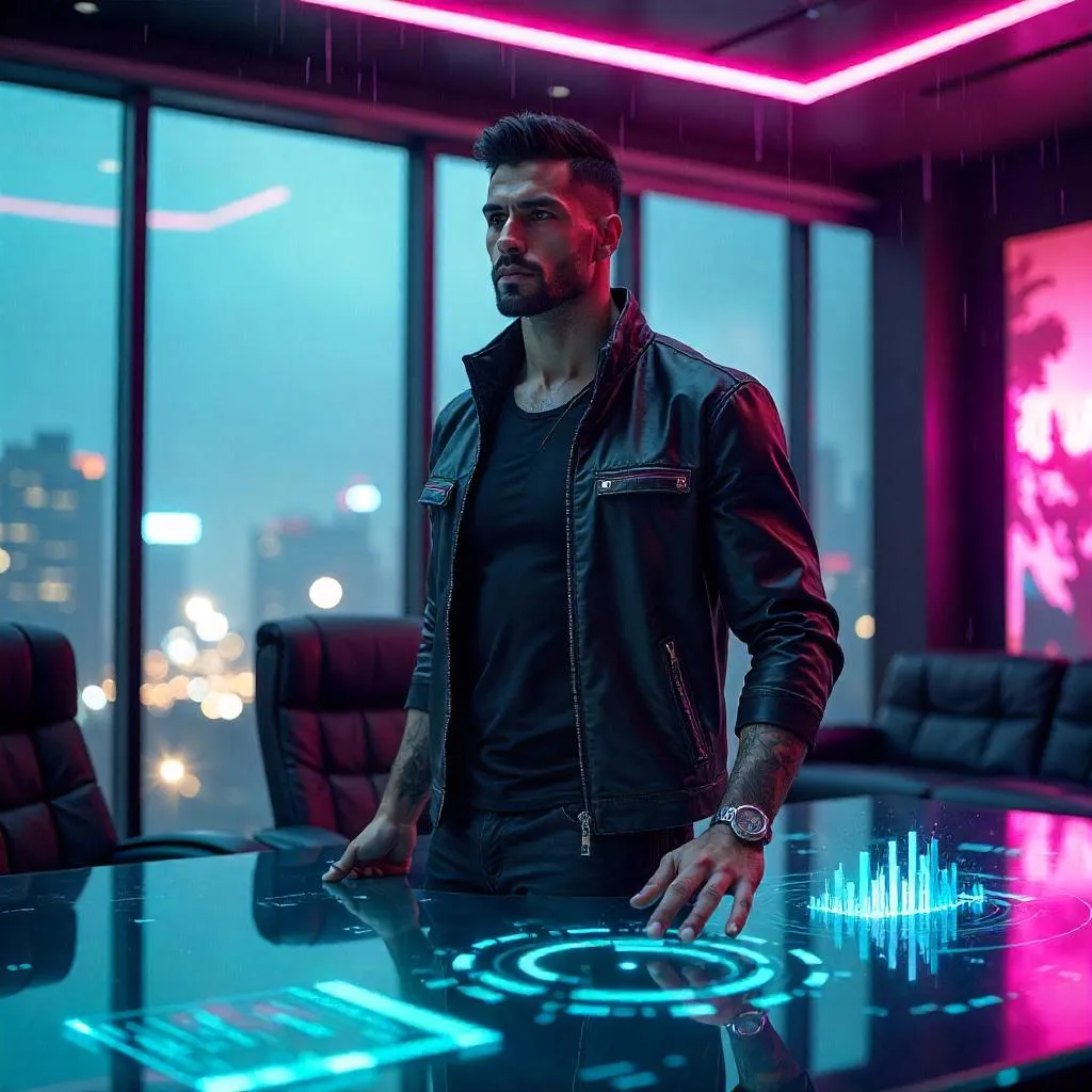 Athletic Latino in a Neon Cyberpunk Boardroom