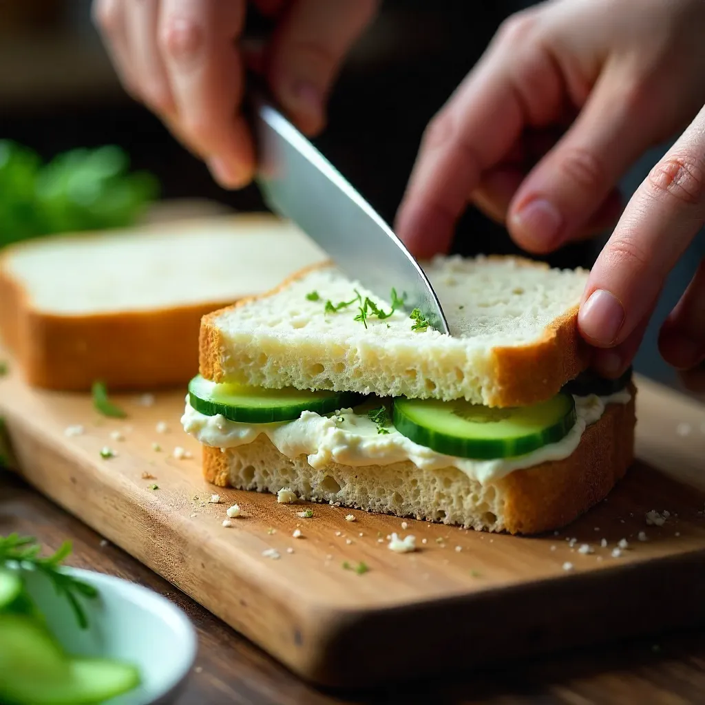 Close-up: Hands Slicing Cucumber Sandwich on Wooden Board