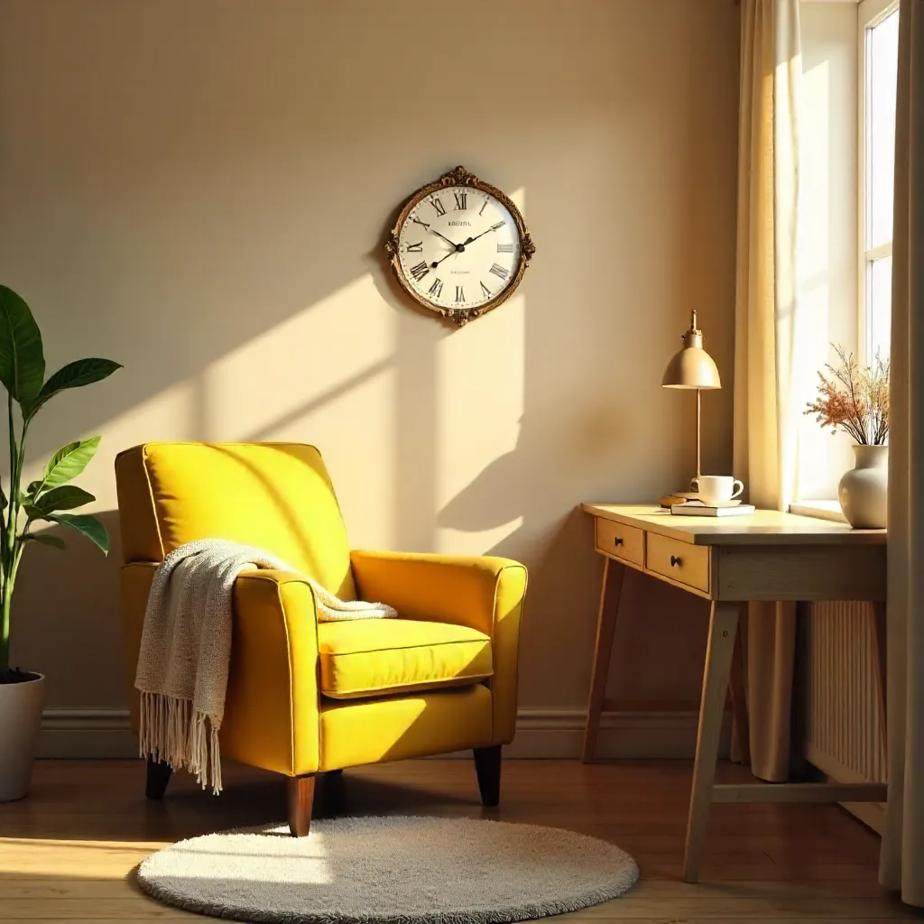 Cozy Corner: Yellow Armchair, Desk, and Decorative Clock