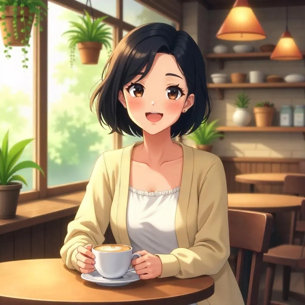 Cheerful Asian Woman in a Cozy Café - Anime Style