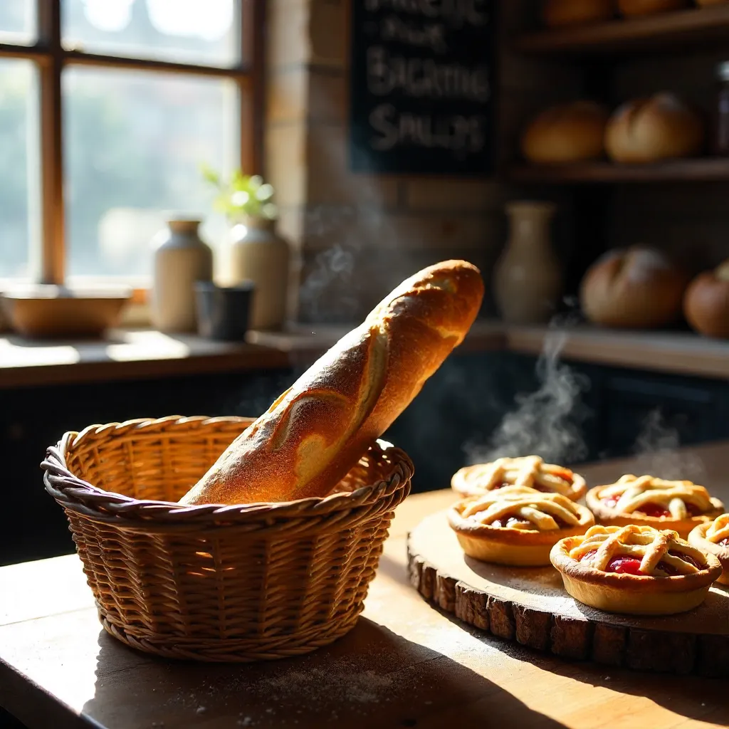 Sunlit Bakery Baguette in Wicker Basket with Fresh Pies