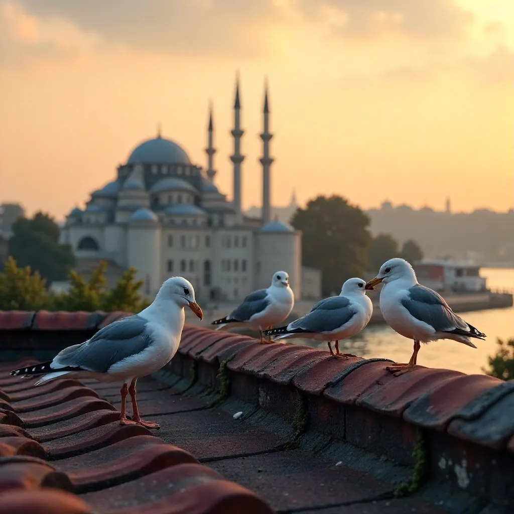 Seagulls on a Istanbul Rooftop with Suleymaniye in Background