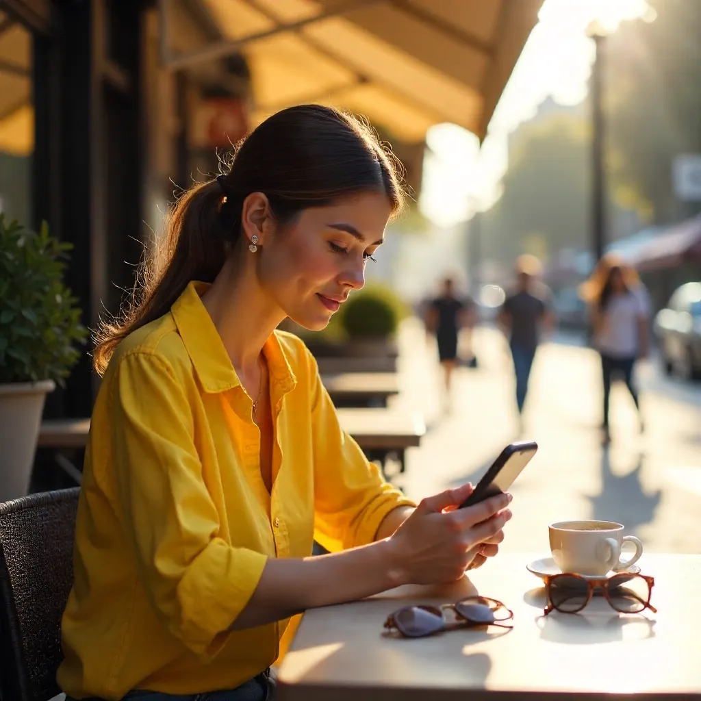 Yellow Shirted Woman at Outdoor Cafe Focusing on Smartphone
