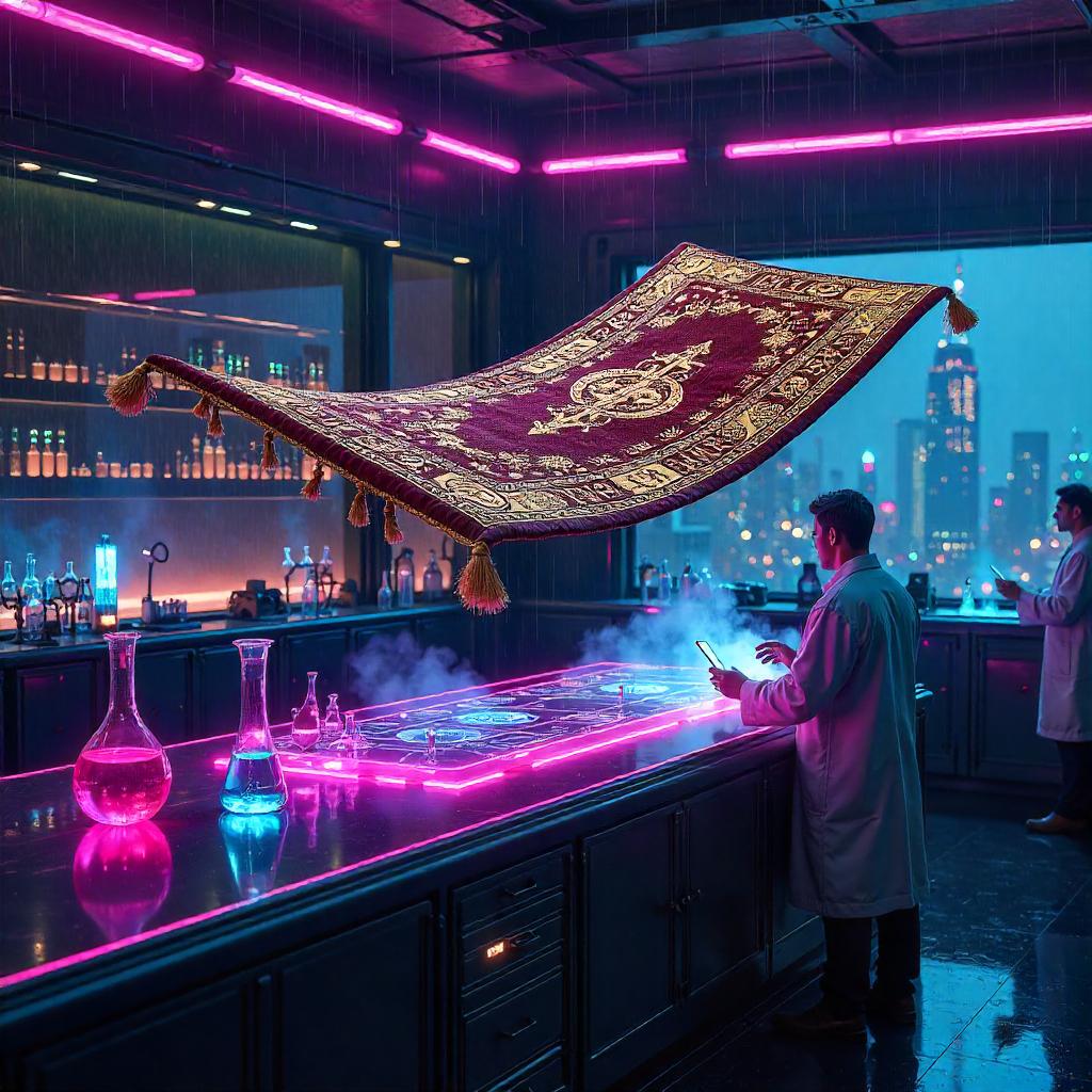 Magic Carpet in a Neon Cyberpunk Laboratory