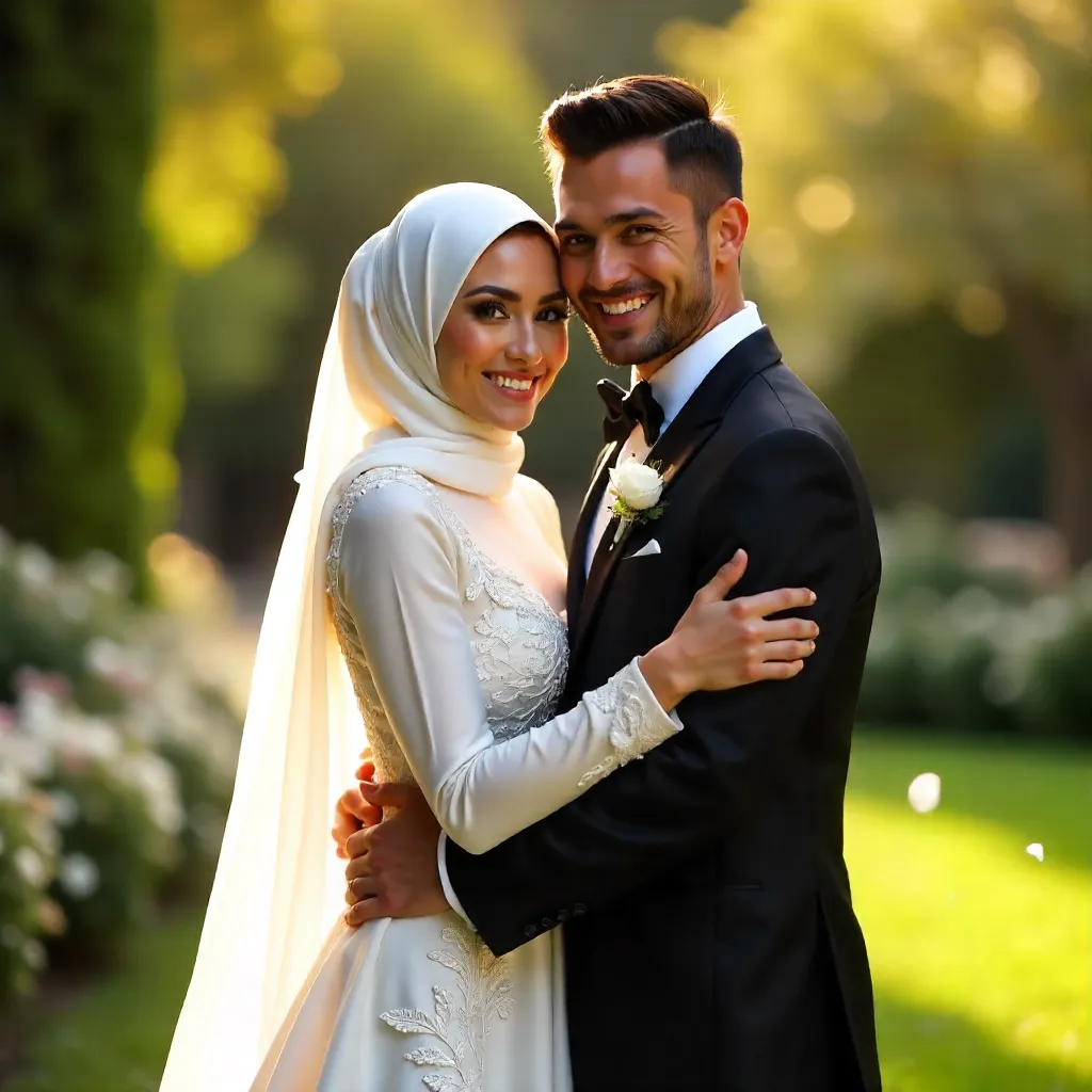 Joyful outdoor embrace: hijab bride and tuxedo groom