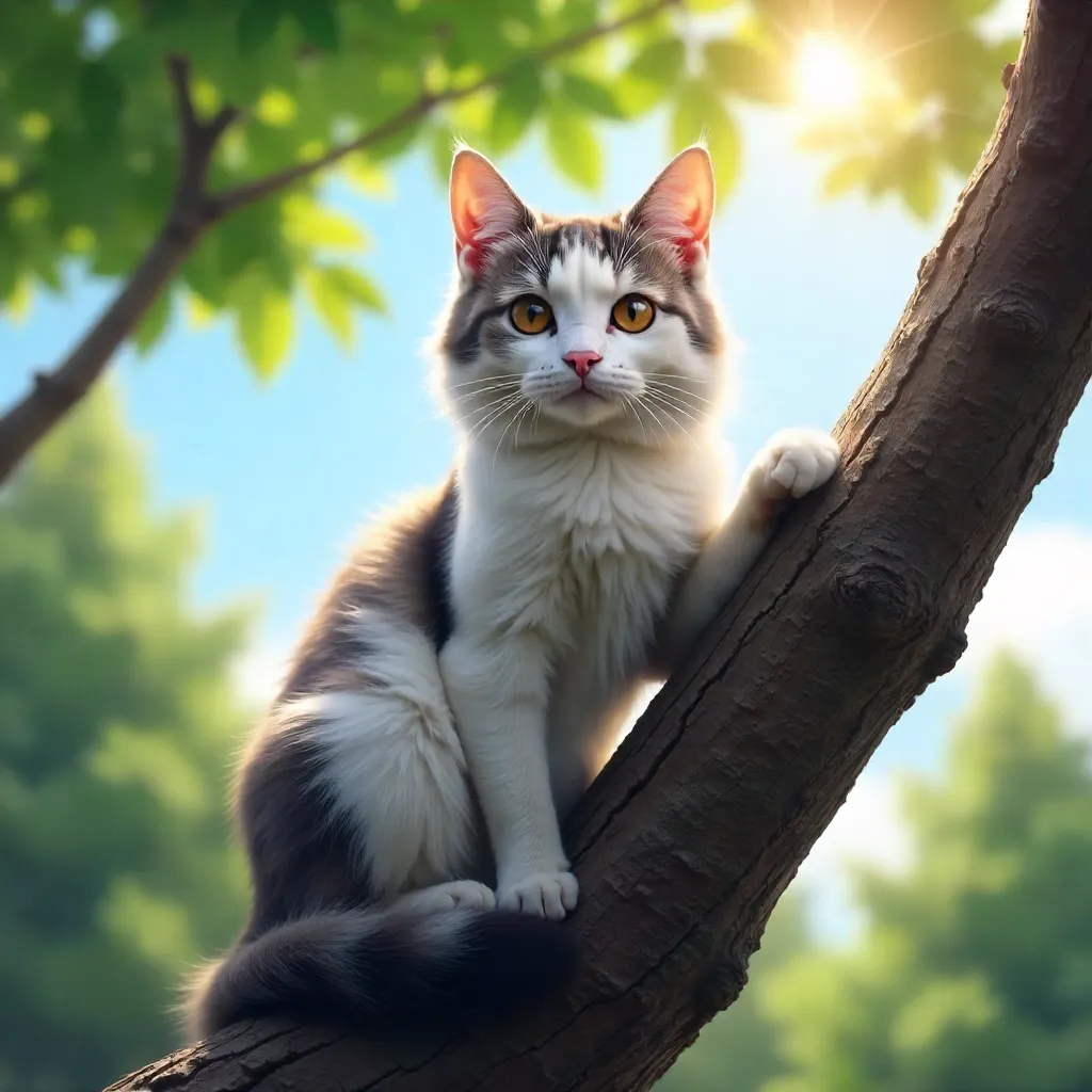 Sunlit White and Gray Cat on a Tree Branch
