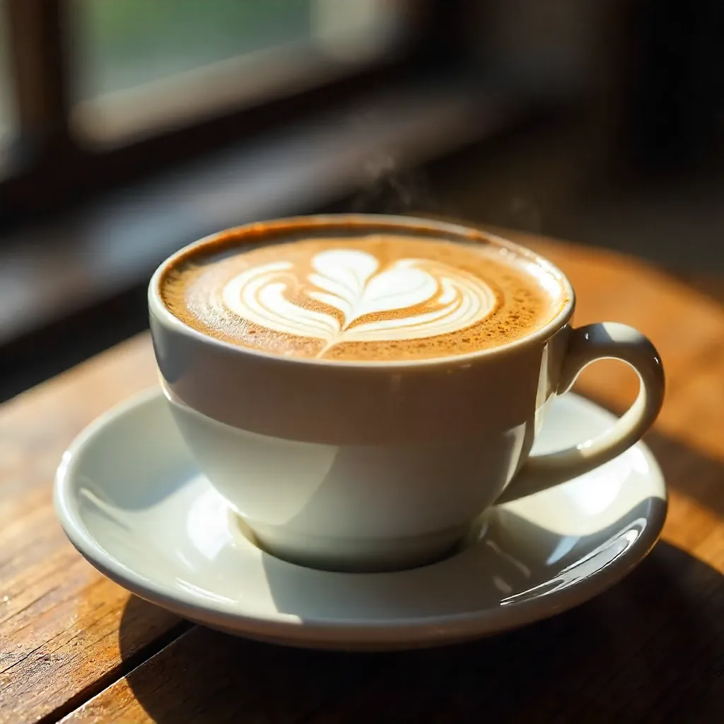 Smiley Latte on Warm Wood in Natural Morning Light