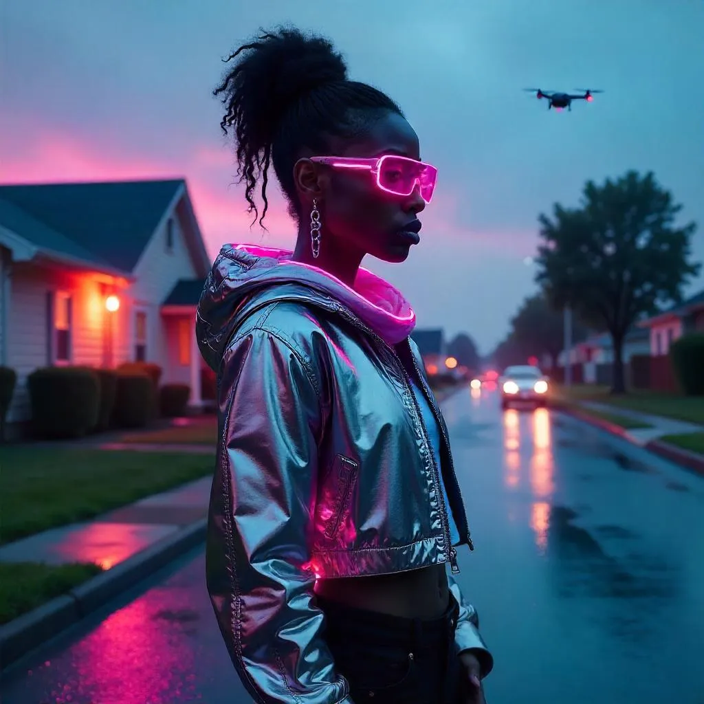 Neon Suburban Dawn: Cyberpunk Portrait