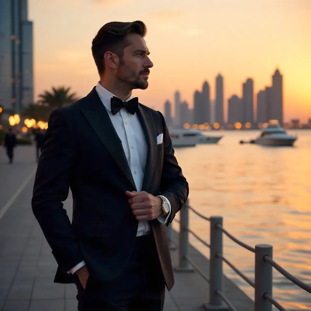 Stylish Suit by Dubai Waterfront at Sunset