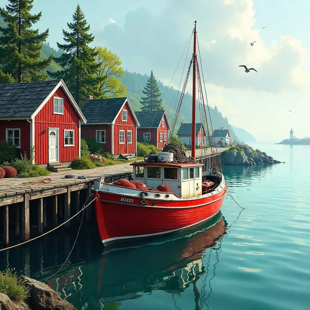 Traditional Fishing Boat in a Nordic Green Harbor