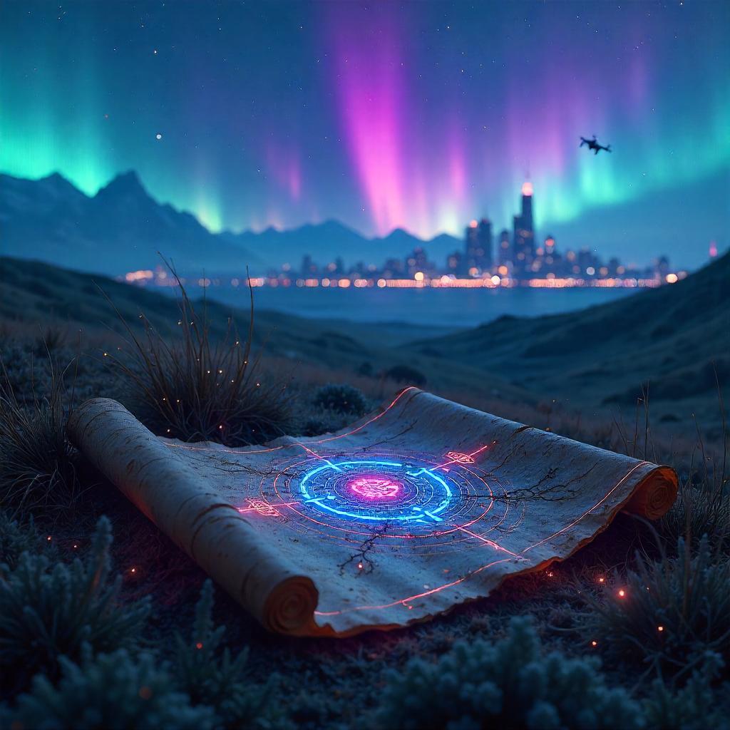 Ancient Scroll Beneath Aurora Neon Fields