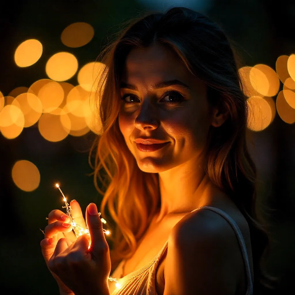 Golden Night Portrait: Woman with Fairy Lights