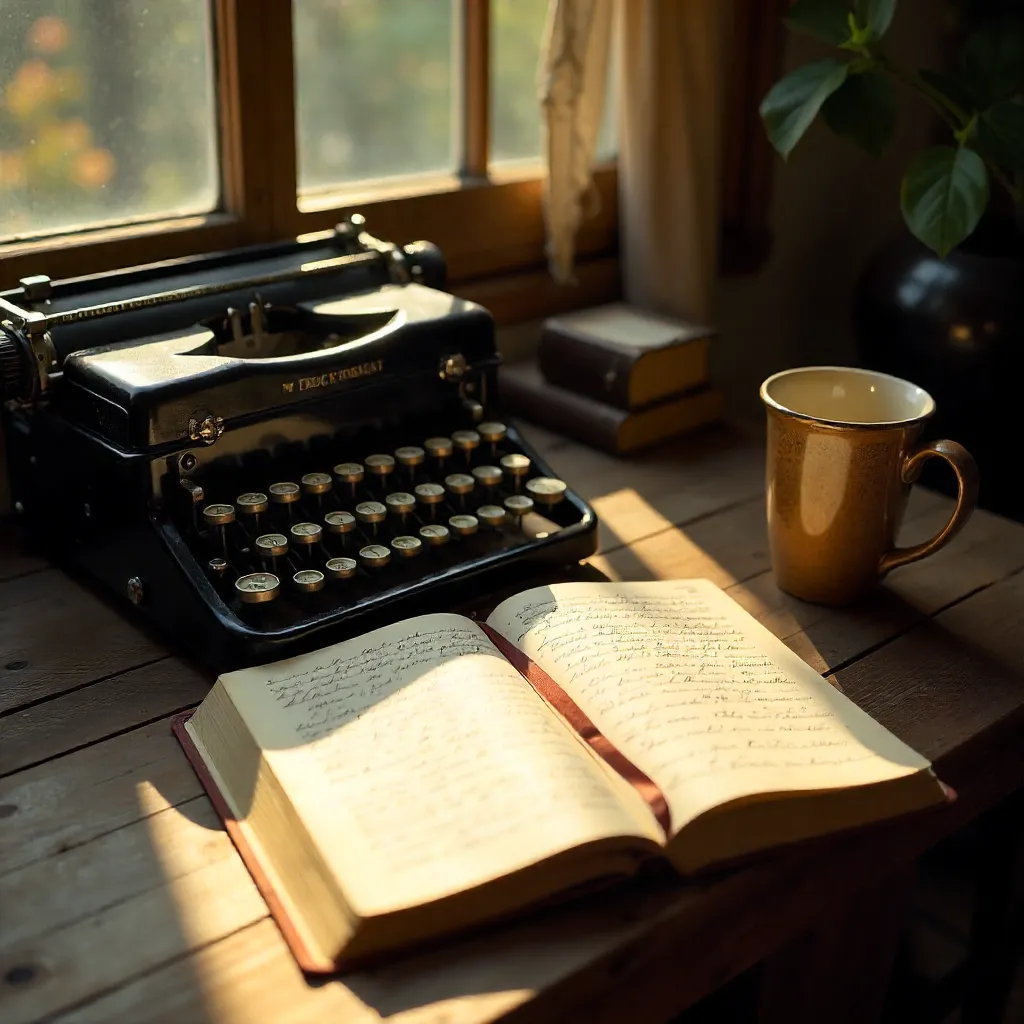 Cozy desk with vintage typewriter and handwritten journal