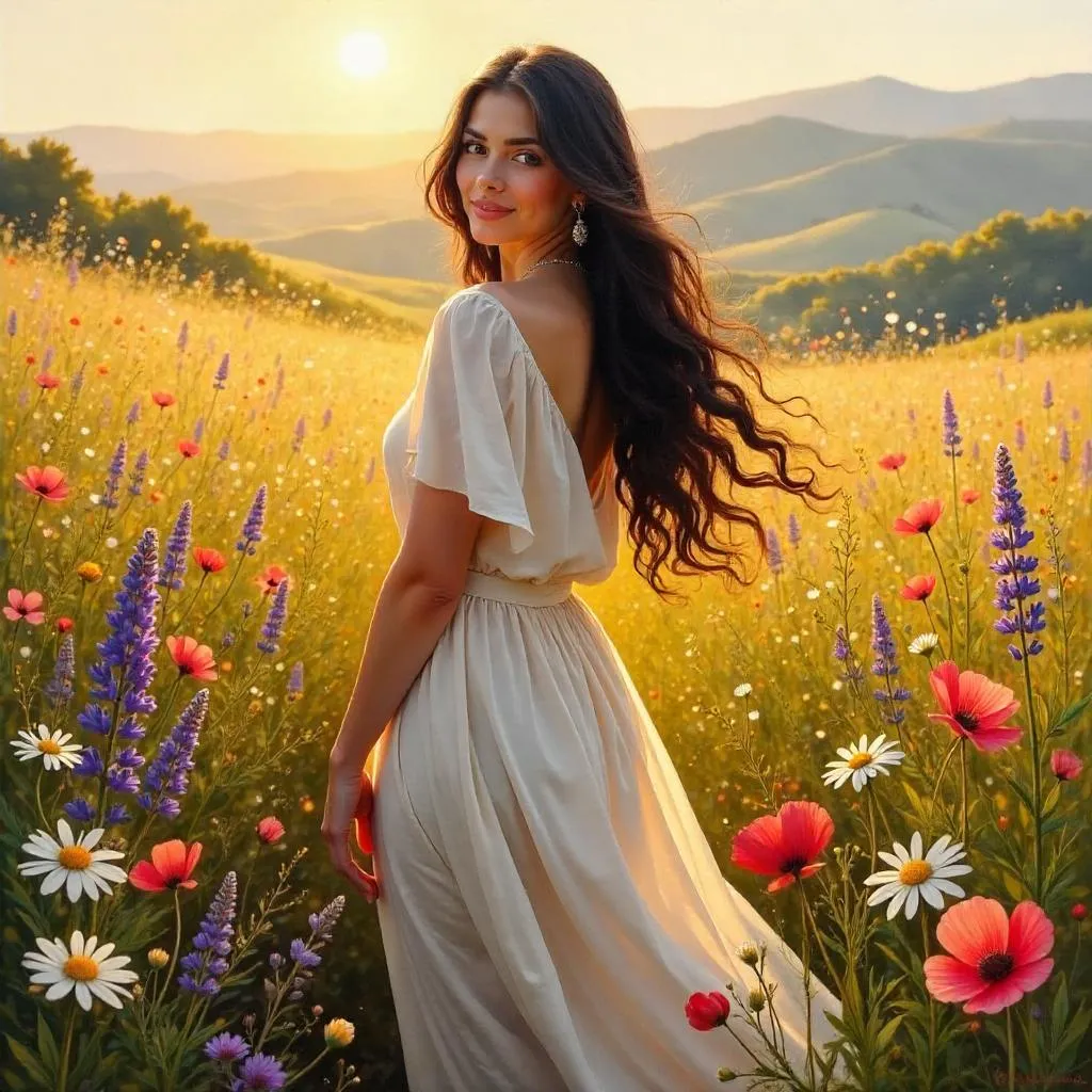 Oil Portrait: Middle Eastern Woman in a Field of Flowers