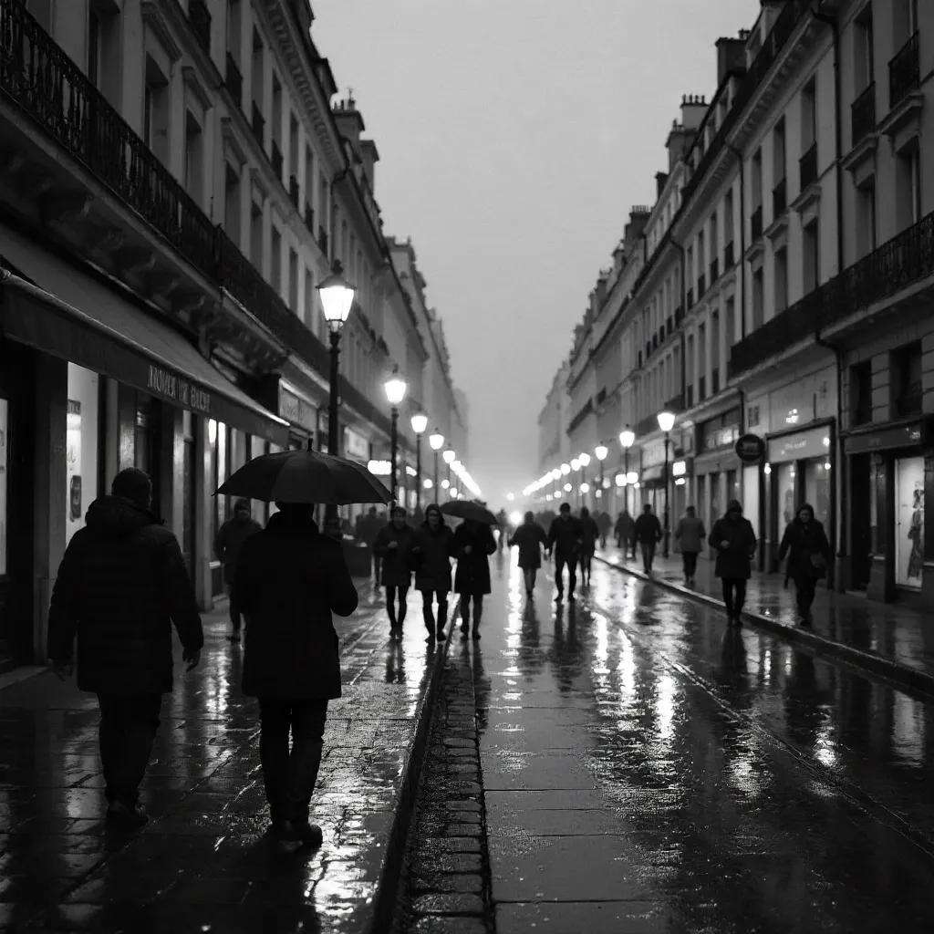 Monochrome Rainy Day in Paris: Umbrella Walkers