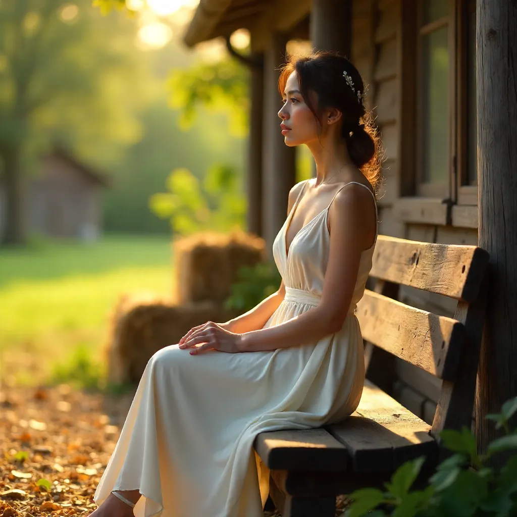 Sunlit Rustic Grace: Woman in a Flowing White Dress
