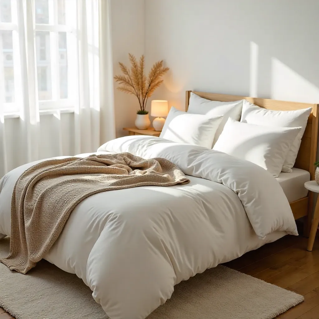Cozy Bedroom with White Bedding and Beige Sweater