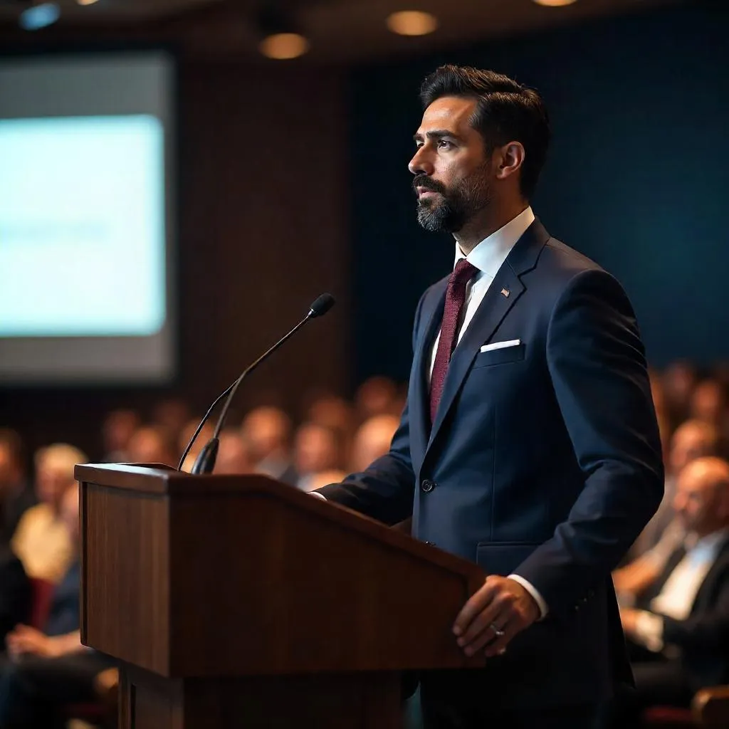 Photorealistic Latino Professional at Conference Stage