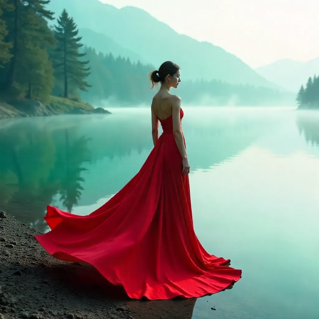 Silhouette in a Red Dress by a Misty Turquoise Lake