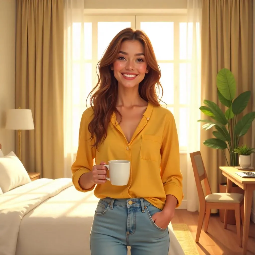 Cheerful White Girl in a Sunny Hotel Room