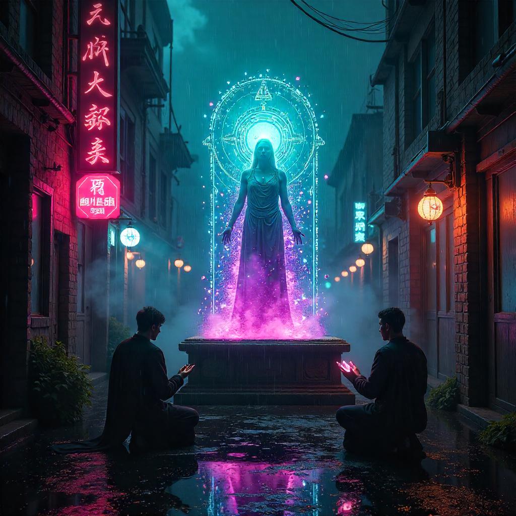 Holographic Shrine in Neon Cyberpunk City
