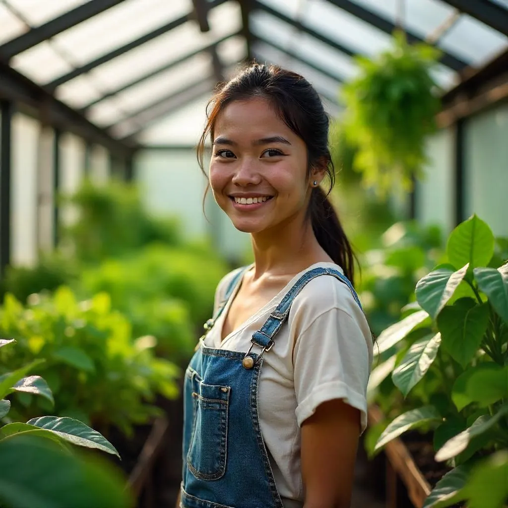 Photoreal Portrait of a Latina Woman in a Greenhouse