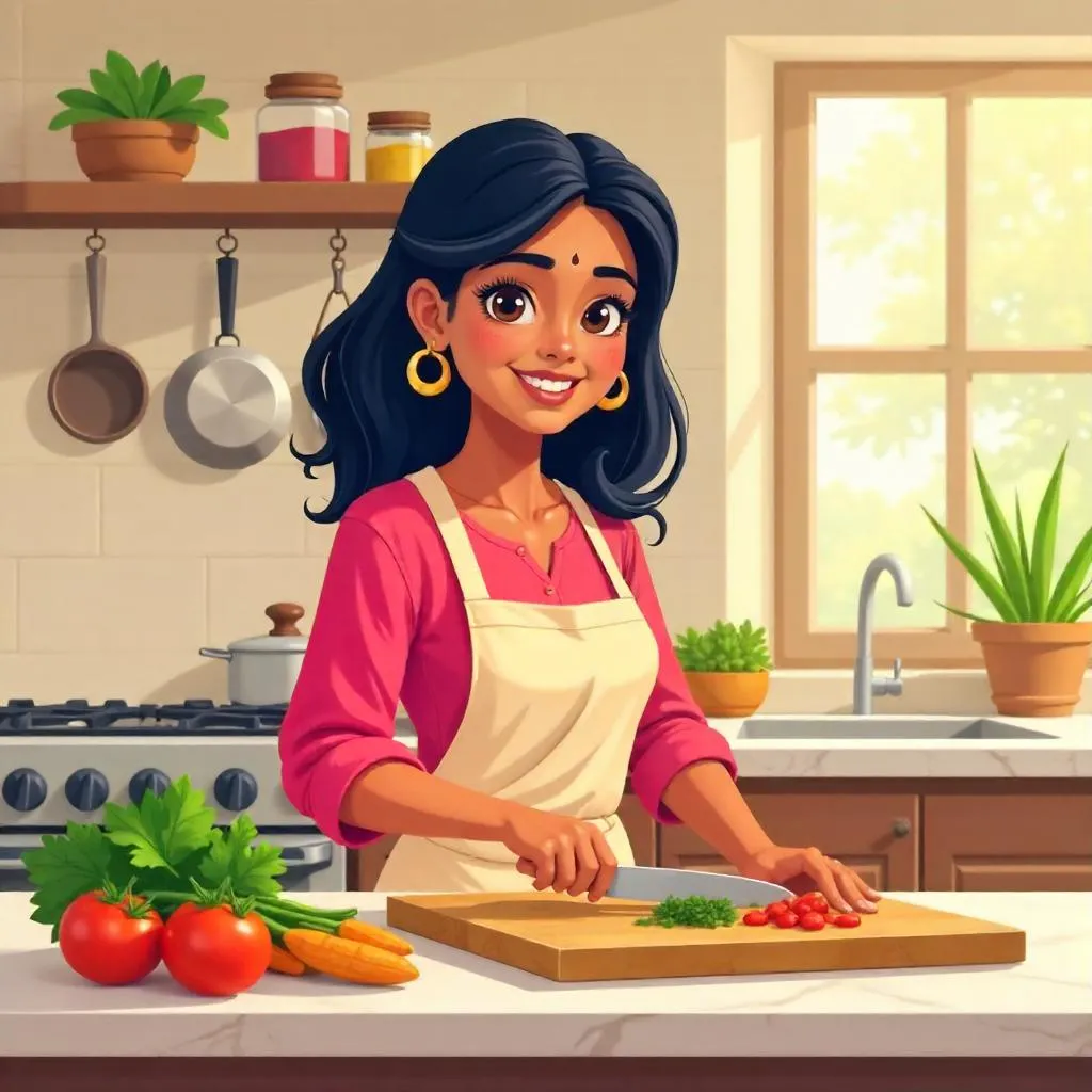 Young Indian Woman in a Cozy Cartoon Kitchen