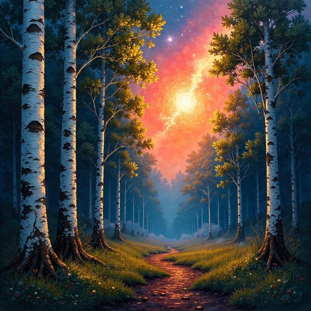 Supernova Over a Birch Forest - An Oil Painting