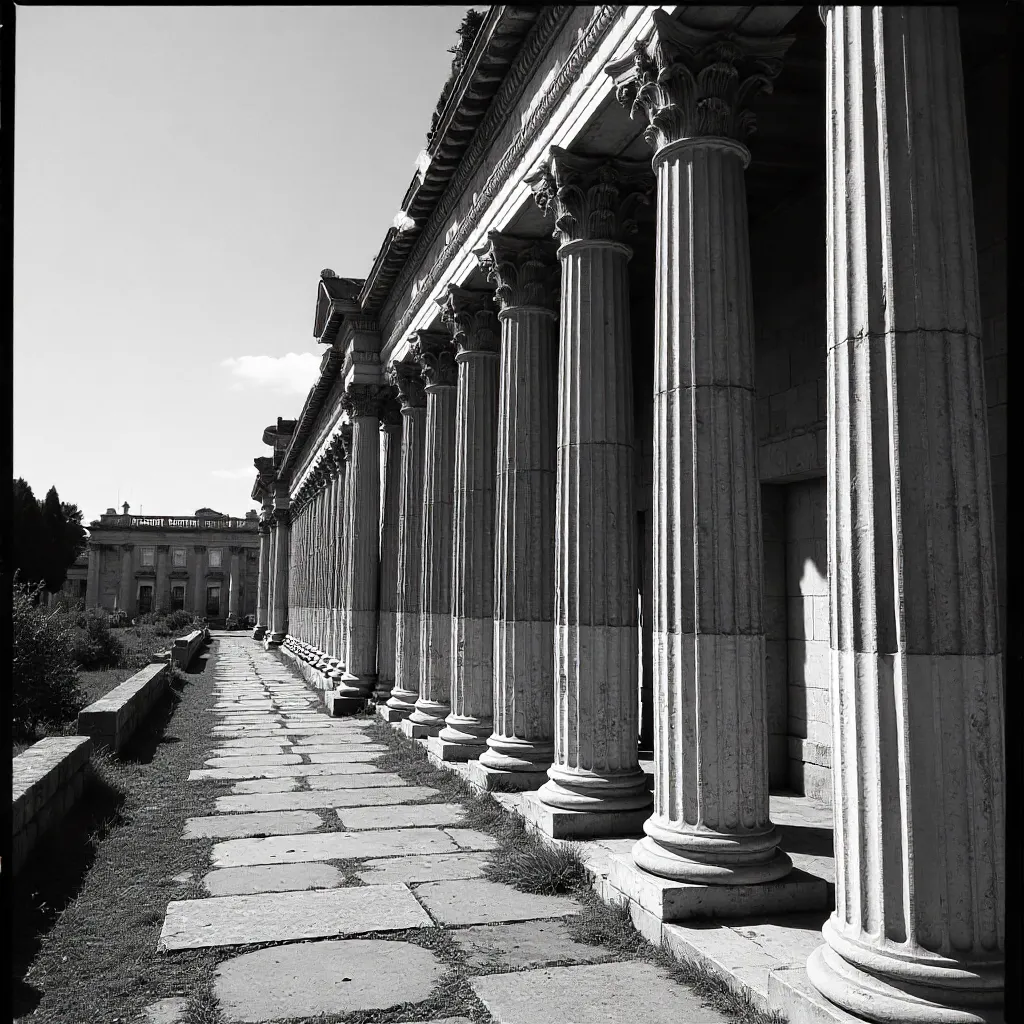 Black and White Roman Ruins with Detailed Columns