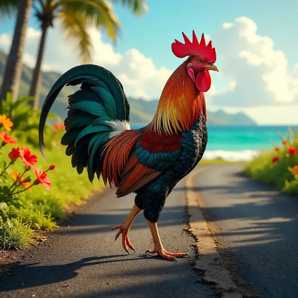 Vibrant Rooster on a Sunny Hawaiian Road