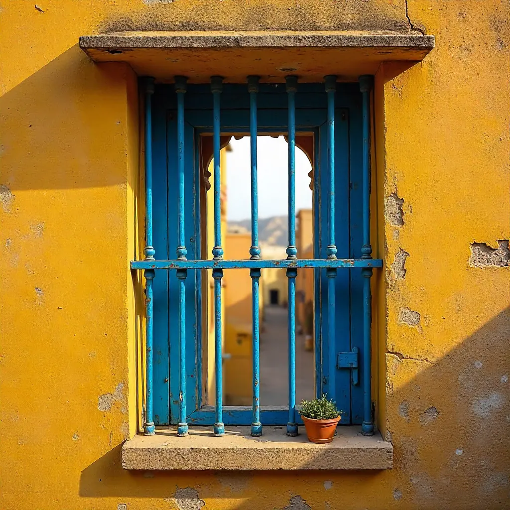 Blue-Barred Window on Yellow Jodhpur Wall