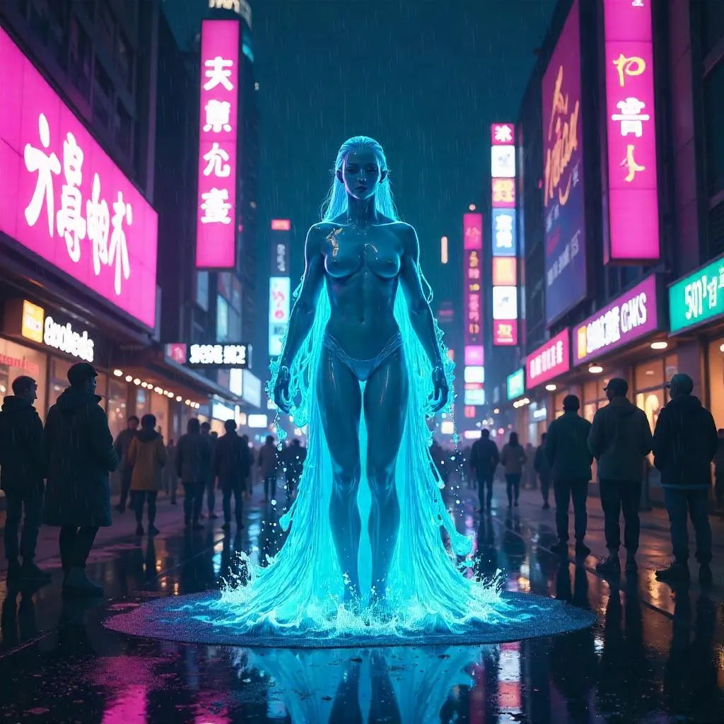 Neon Street Water Elemental in Anime Style