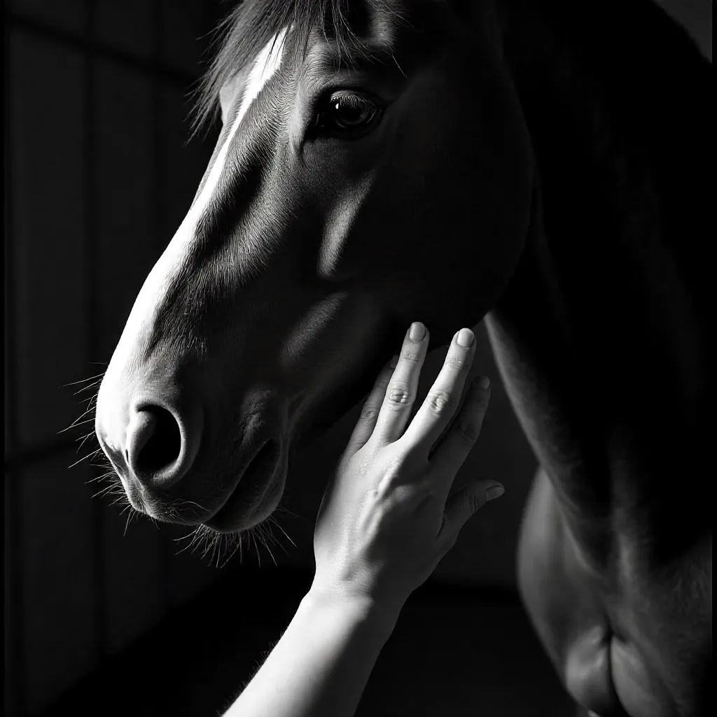 Hands and Horse: A Quiet Bond in Black and White