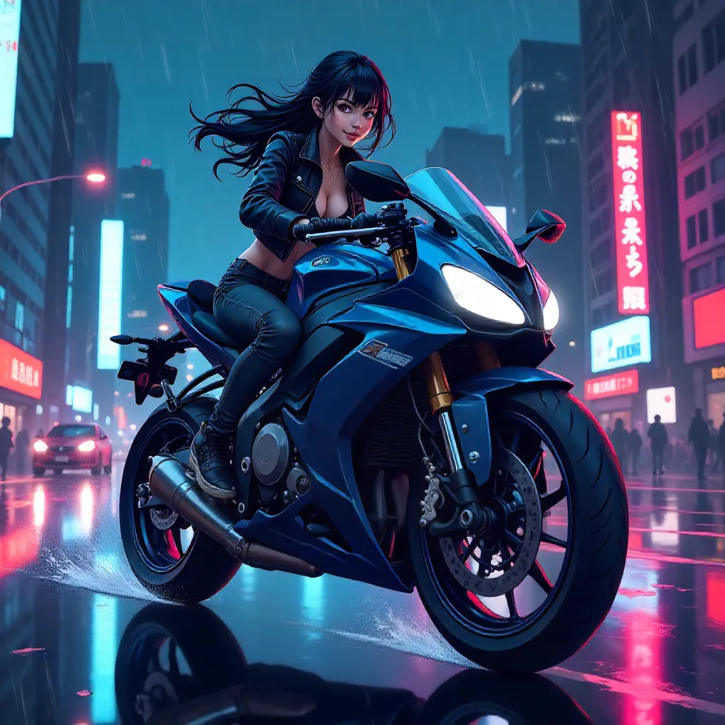 Confident Asian Woman on a Neon Motorcycle (Anime)