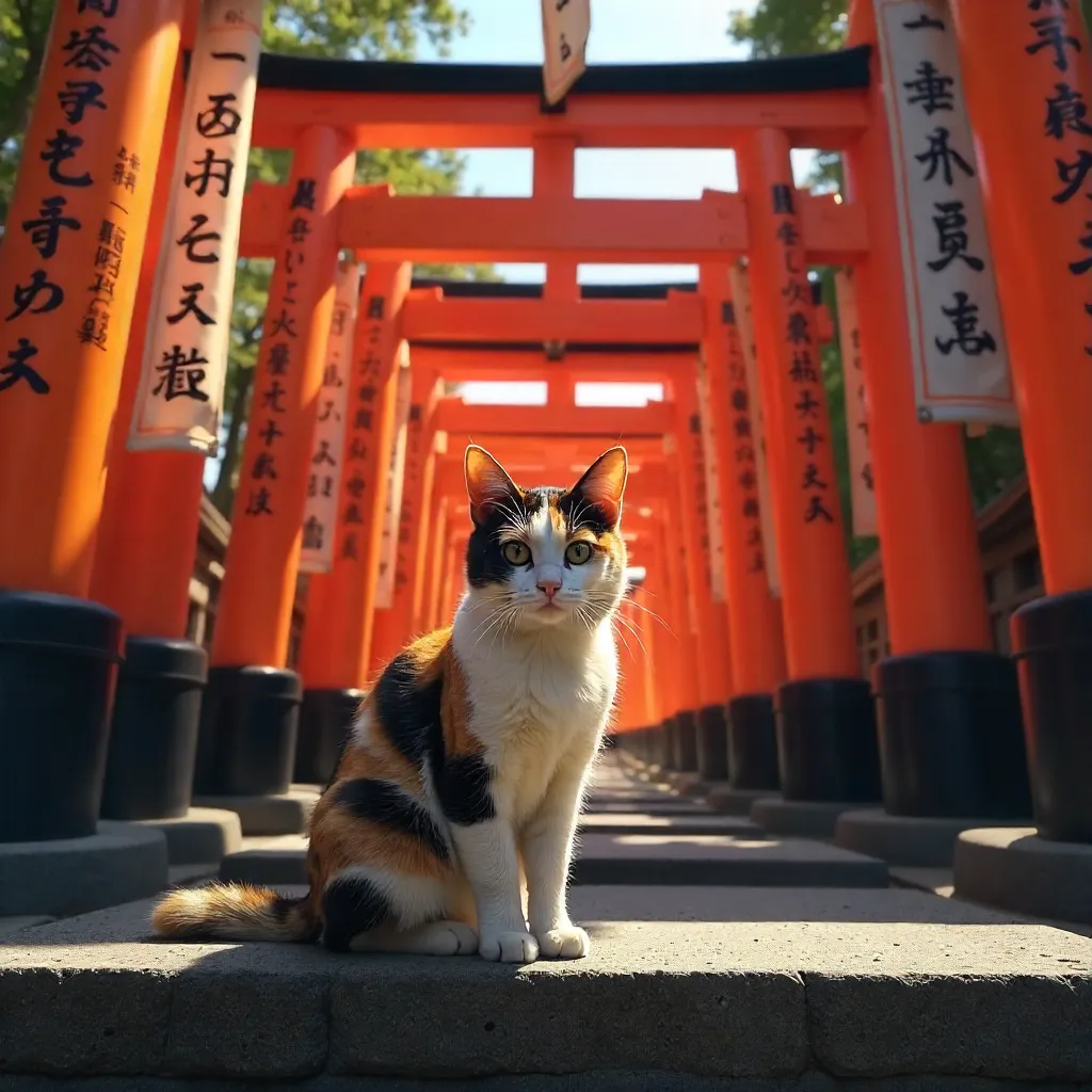 Calico Cat at Fushimi Inari Shrine Among Banners