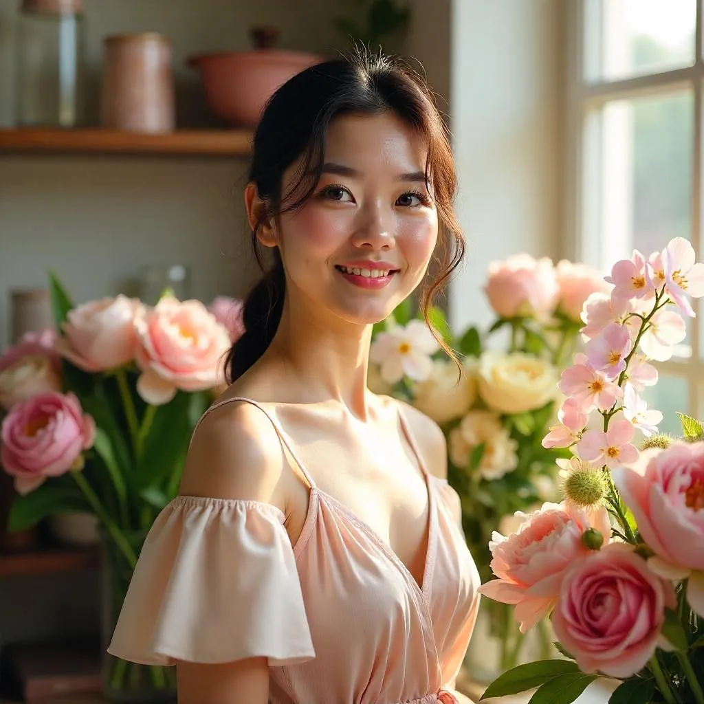 Photorealistic Asian Woman in a Flower Shop