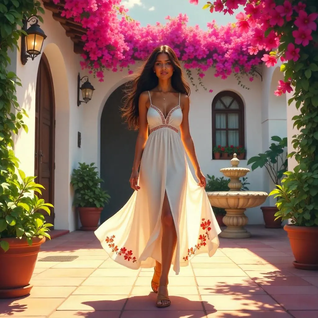 Sunlit Courtyard Portrait of a Latina Woman