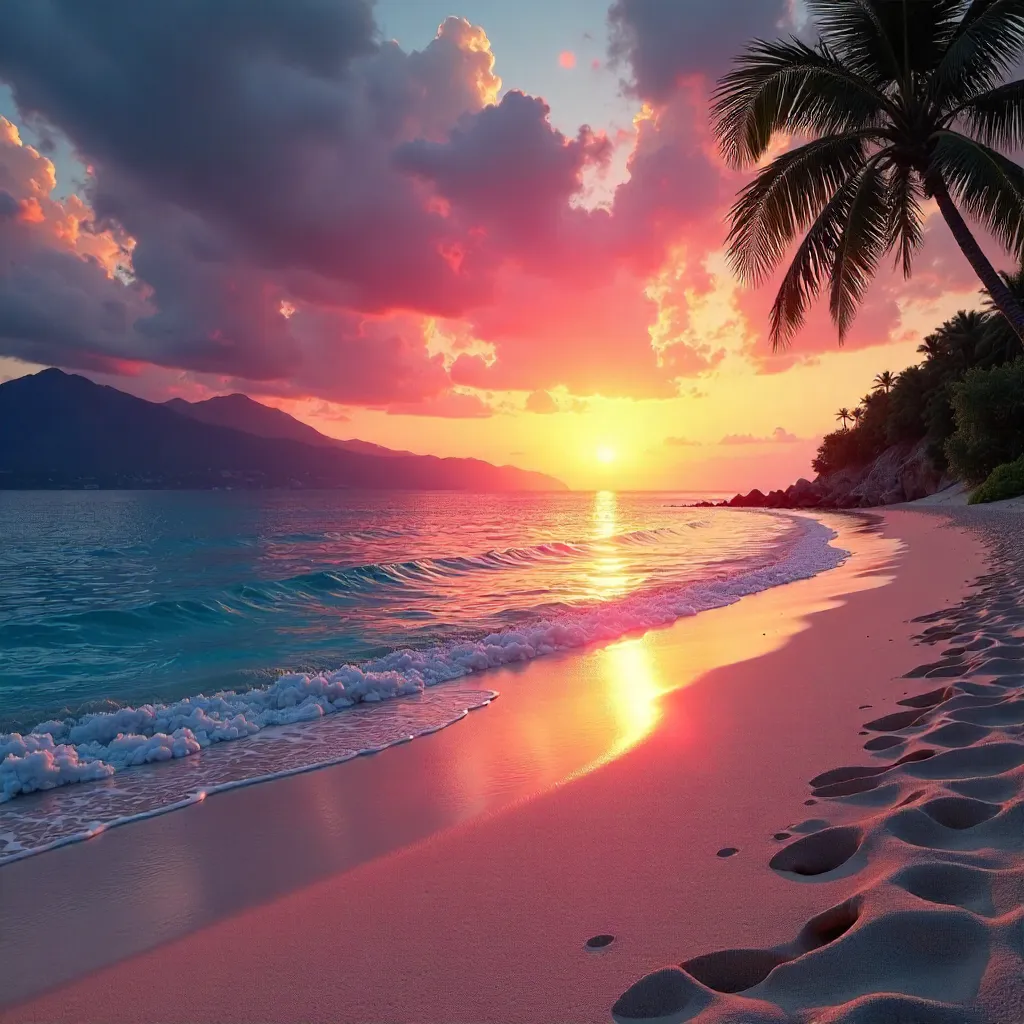Sunset Over Serene Beach with Mountain Backdrop